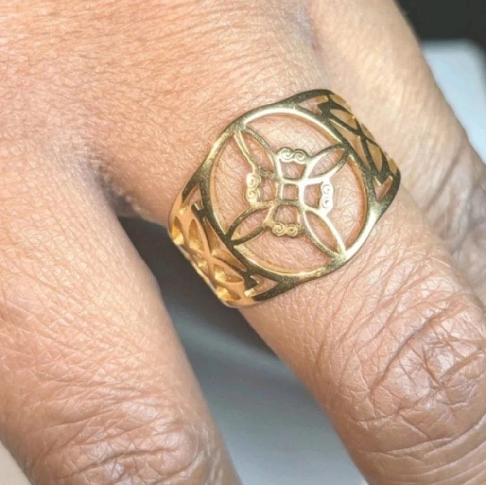 Witch Knot Golden Stainless Steel Ring For Women Wiccan Cross Celtic Knot Sz 8